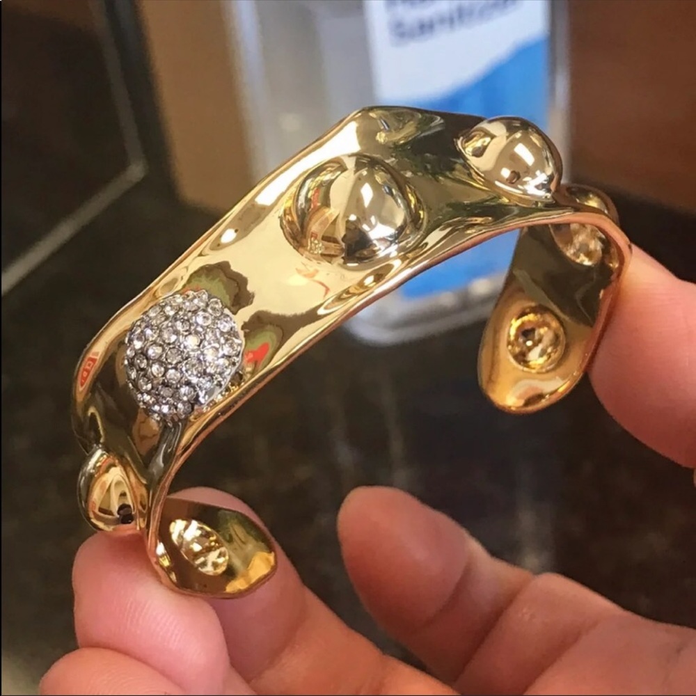 $245 New Alexis Bittar Sparkling Studded Geometric Rivet Open Gold Cuff